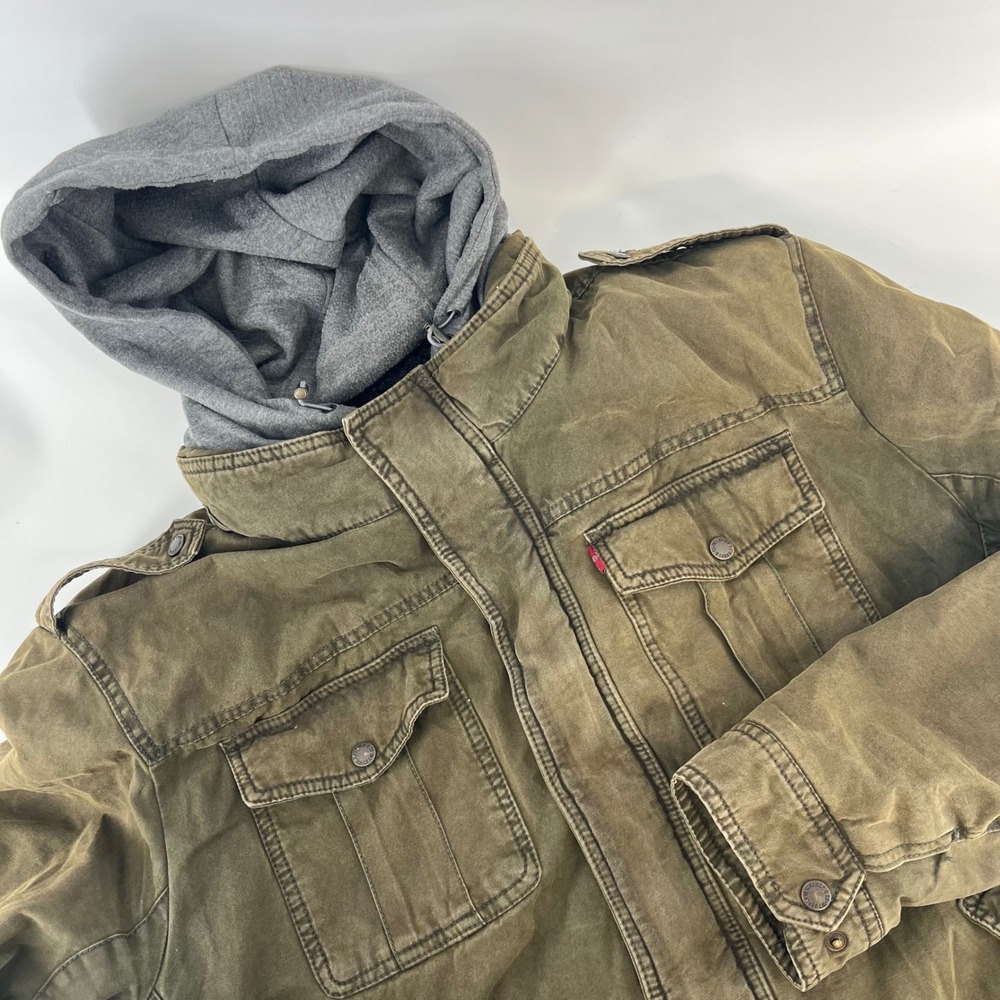 Levis Mens XXL Military Field Jacket Olive Green Sherpa Lined Hooded Canvas Coat
